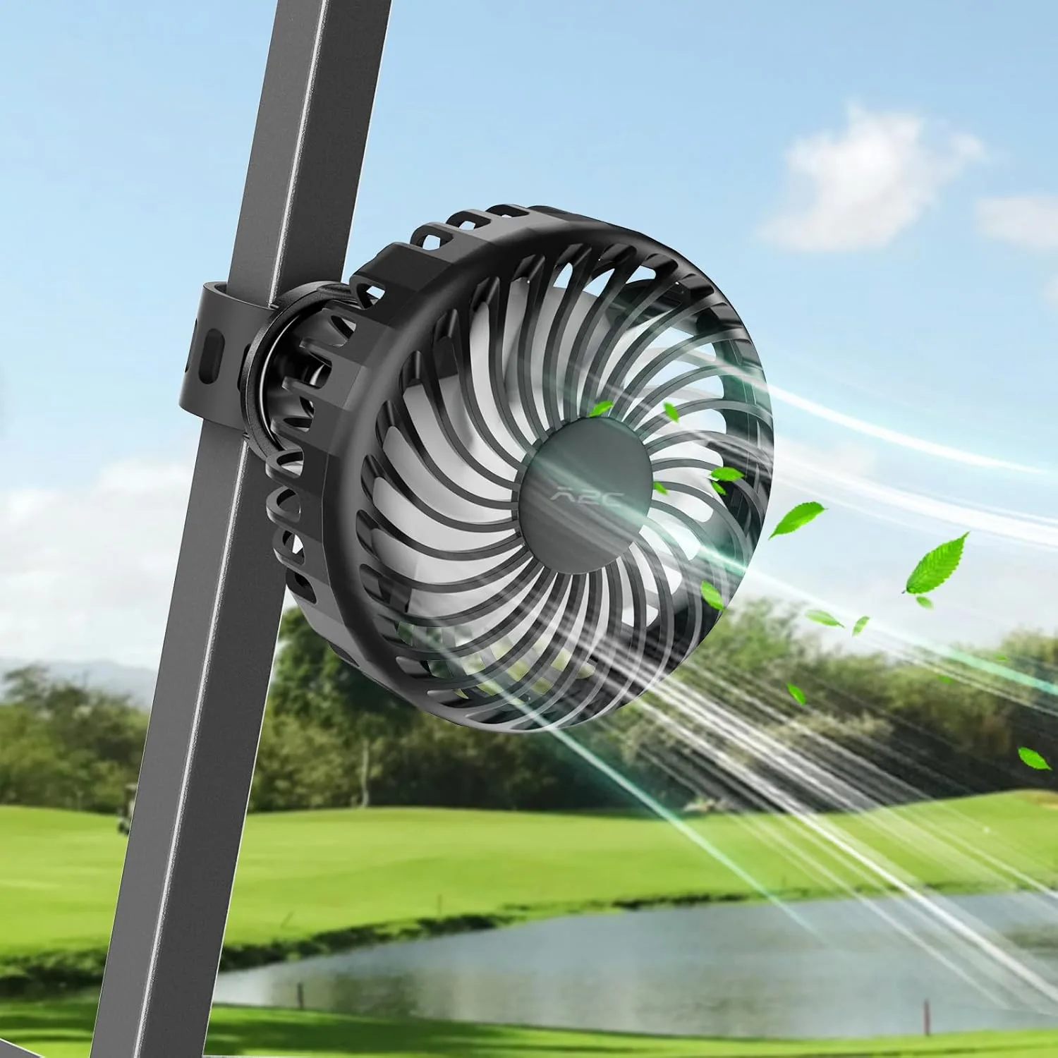 A2C rechargeable fan clamped to a golf cart strut above the fairway