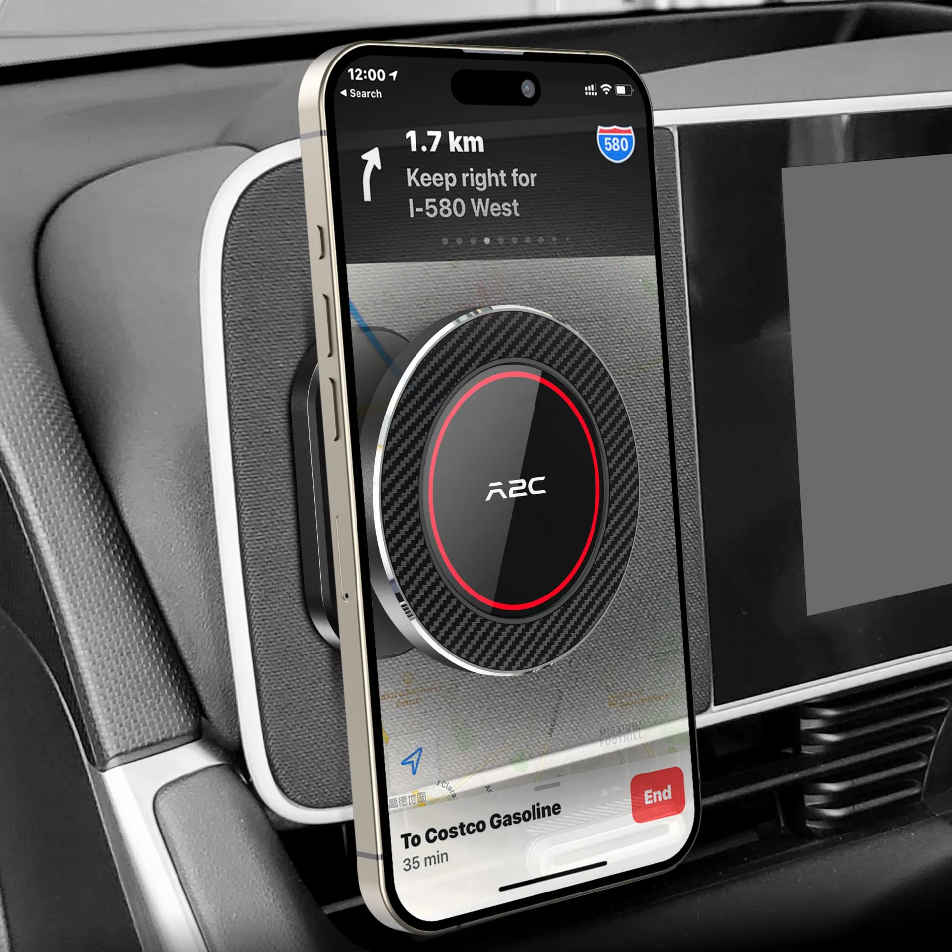 A2C magnetic vent mount holding an iPhone that shows turn-by-turn navigation