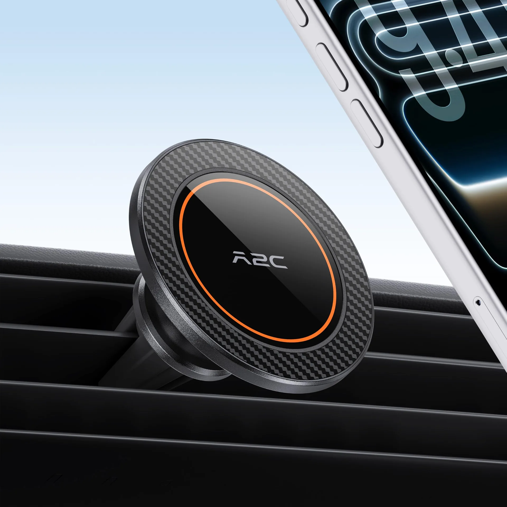 Close-up of the A2C magnetic vent mount head with its orange ring