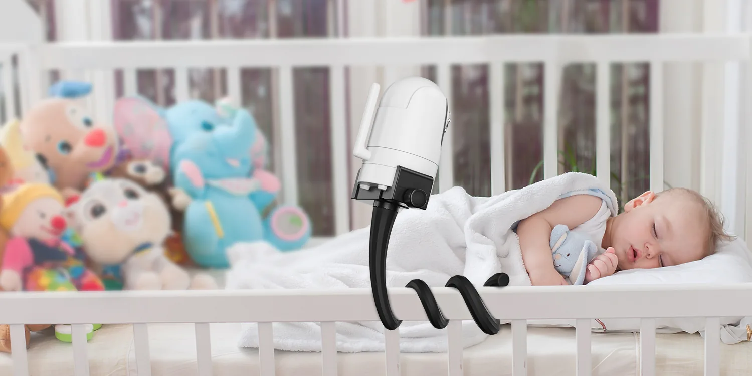Baby monitor camera on a white A2C gooseneck mount over a crib