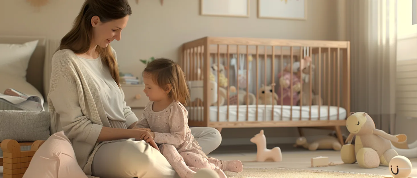 Parent and toddler in a nursery next to a crib