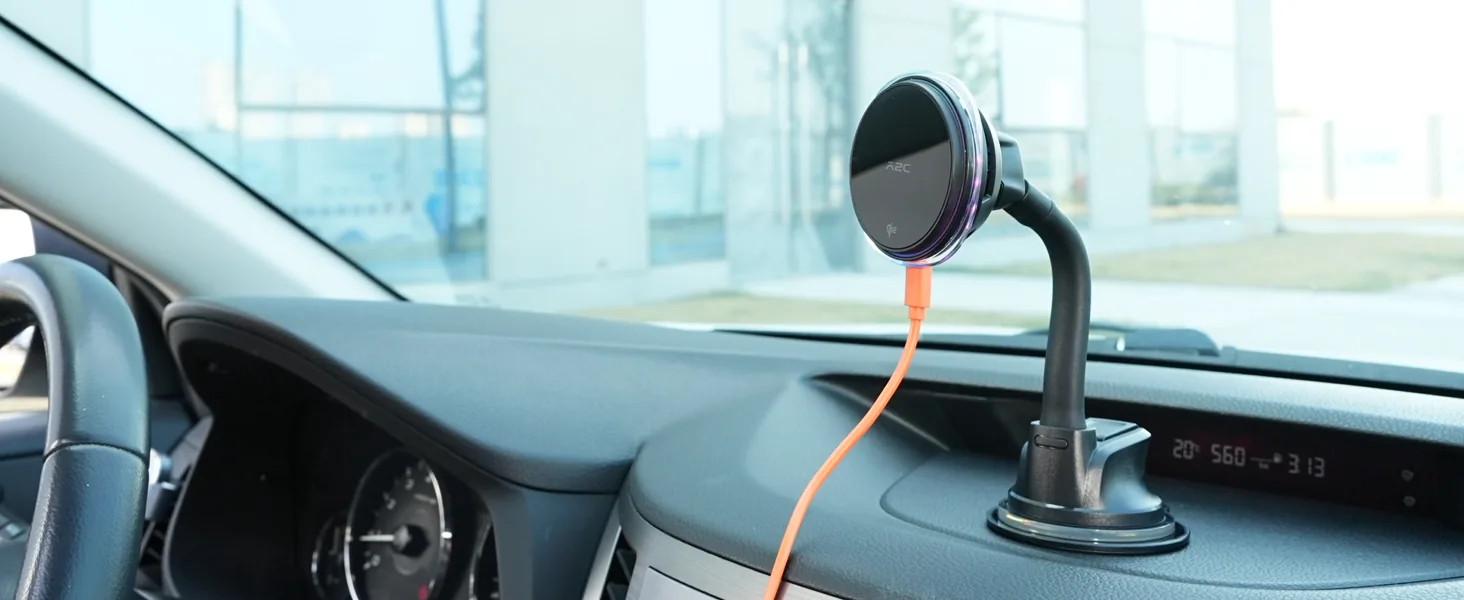 Gooseneck magnetic car phone mount on a dashboard