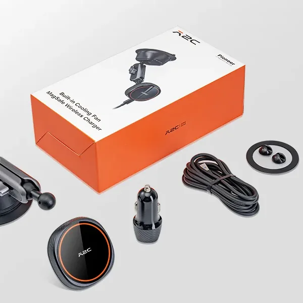 A2C magnetic wireless car charger, suction arm, cable and car adapter beside the box