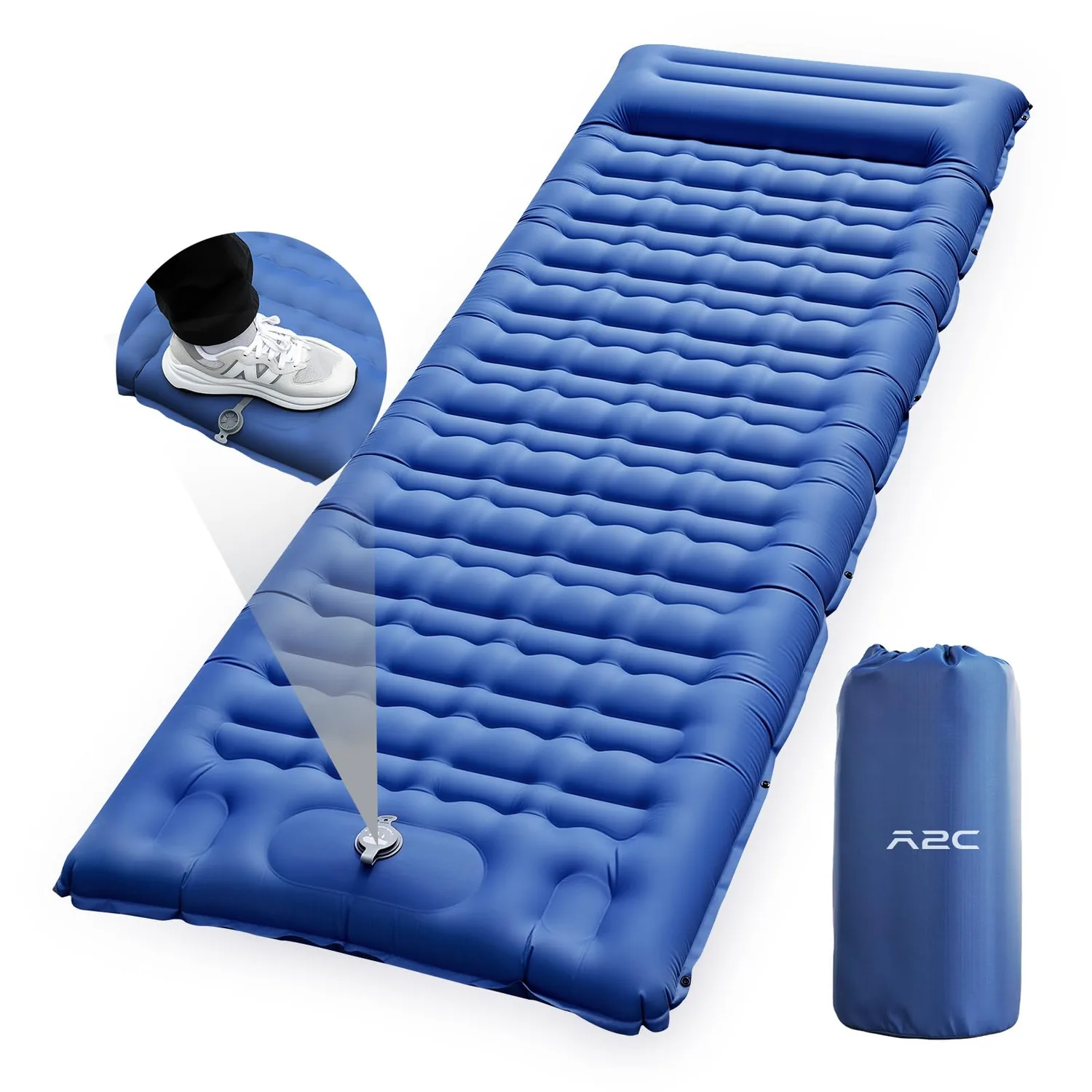 A2C 2025 Stocking Stuffers Foot Pump Thick Camping Sleeping Pad Will Built-in Pillow, Extra Support Air Columns, Ideas, Camping Essentials, Blue