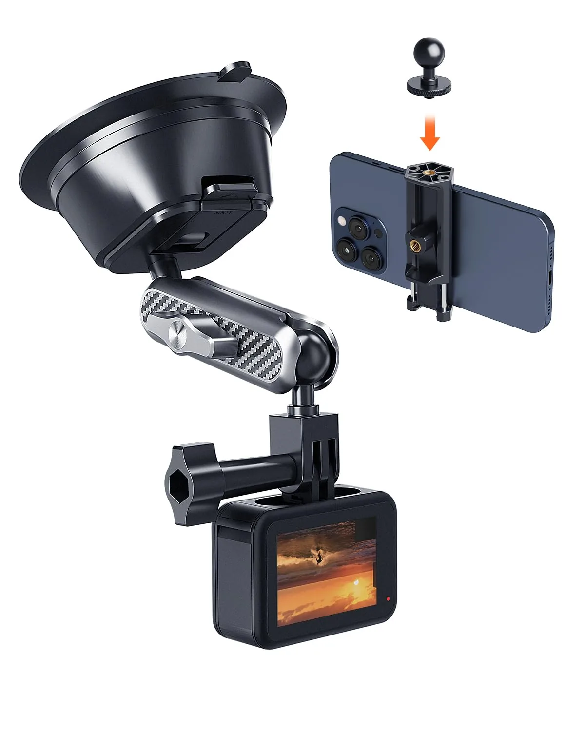A2C Suction Cup Mount for Gopro iPhone, Anti-Shake Metal Arm Car Camera Mount with 1/4 Thread & Phone Holder, Car Boat Windshield Window VLOG/Video Holder for Gopro Hero Insta360 DJI Action Camera